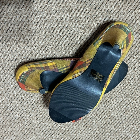 Qupid Yellow Red Plaid Multicolor Plaid Fabric Bow Heels Women 8 - Picture 7 of 8
